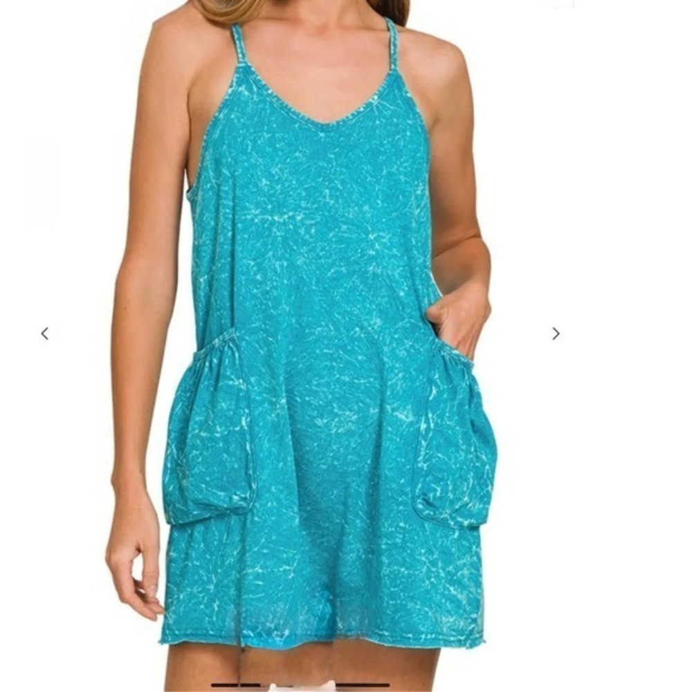 Zenana Mineral Wash Romper Teal Blue Spaghetti Strap‎ Pocketed Jumpsuit small